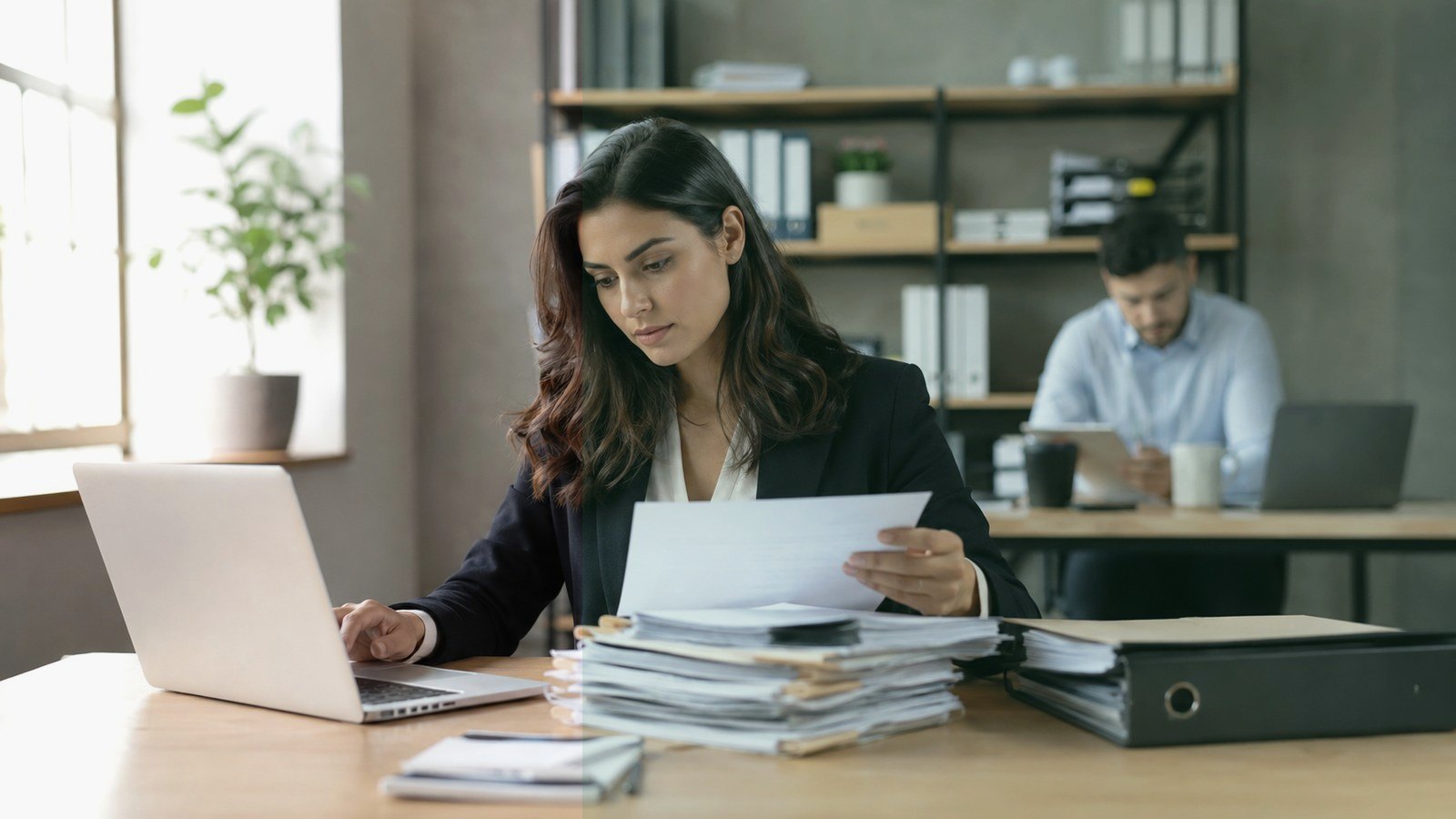 Professionnels analysant des documents dans un bureau